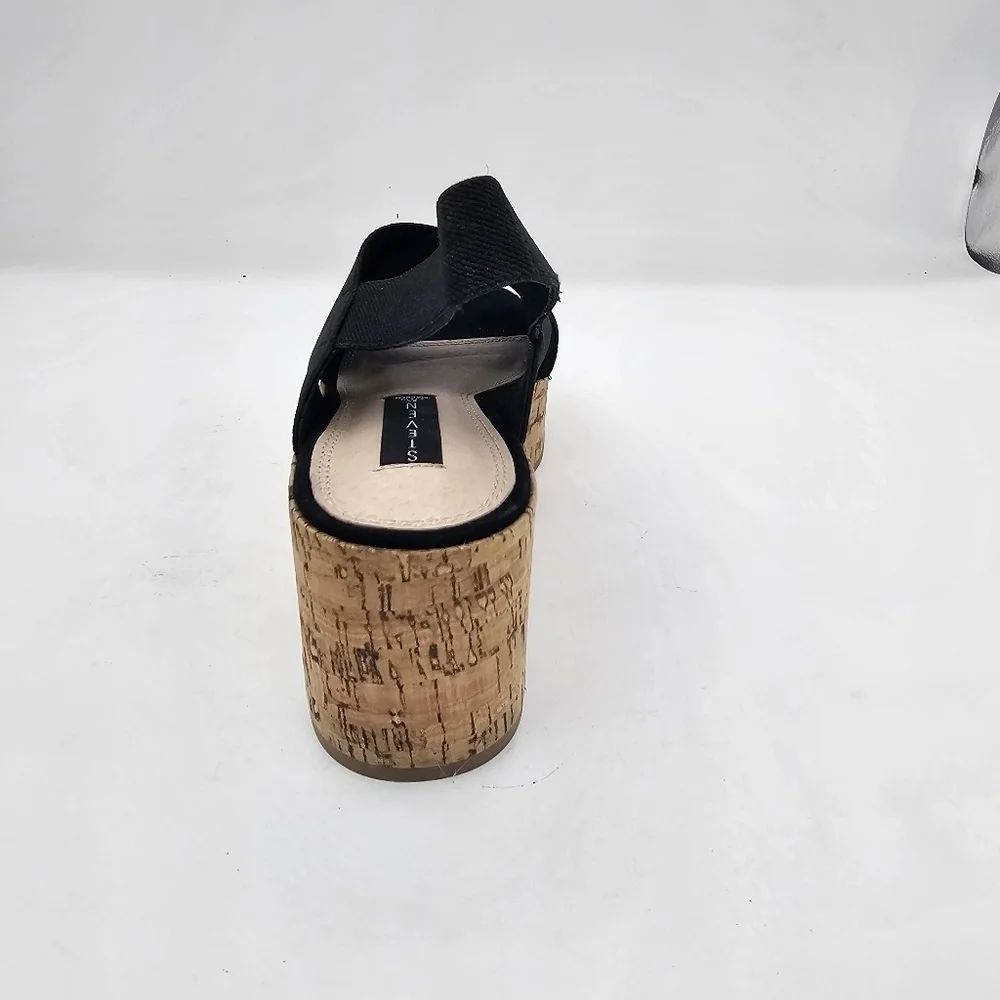 Steven Steve Madden Caly Black Sandal Cork Wedge Bottom Open Toe Black 9.5 NEW